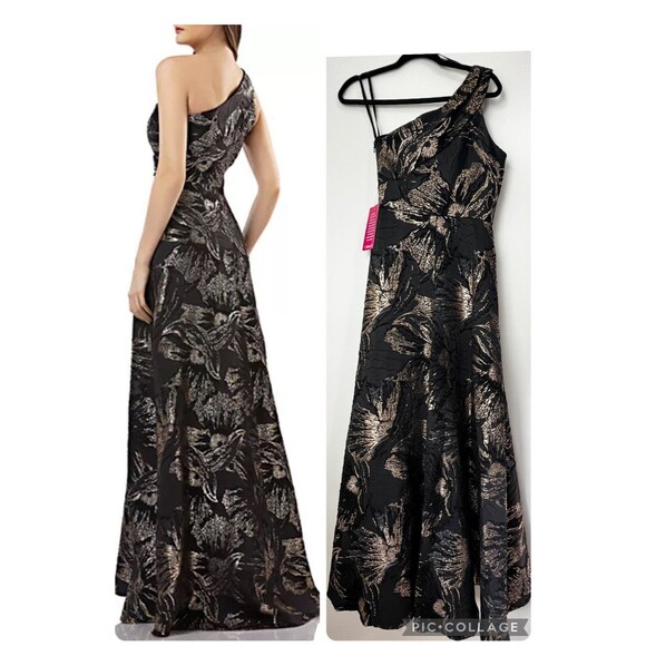 Carmen Marc Valvo Formal One Shoulder Gown Dress Black Gold Brocade NEW Sz 2 - Picture 2 of 13